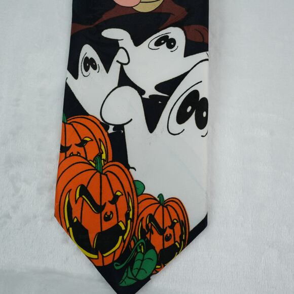 Vtg Looney Tunes Mania Neck Tie 4"x58" Halloween Taz Ghost Jack O Lantern 1996 - Picture 3 of 7